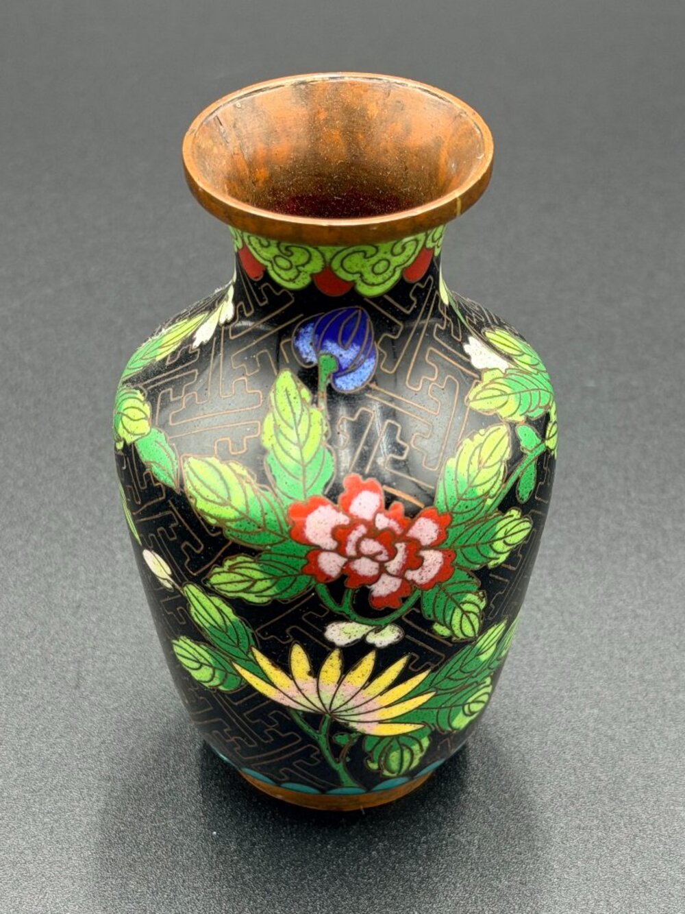 Vintage Small Chinese Cloisonne Enamel Vase 4" Black Floral Made In China